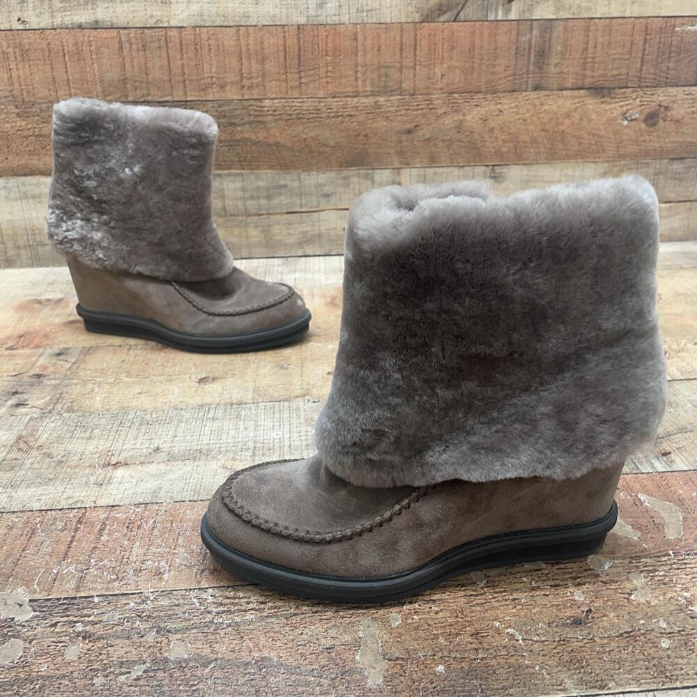 Napoleoni Boots Womens Size 7.5 38 Brown Suede Shearling Mid Calf Wedge Winter